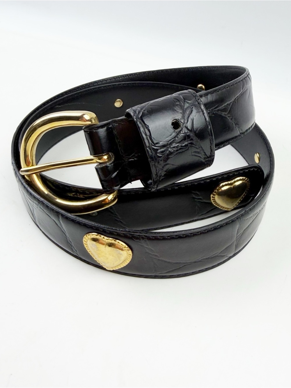 Vtg Donna Katz Black Faux Leather Croc Belt Gold Heart Medallion Retro Glam M